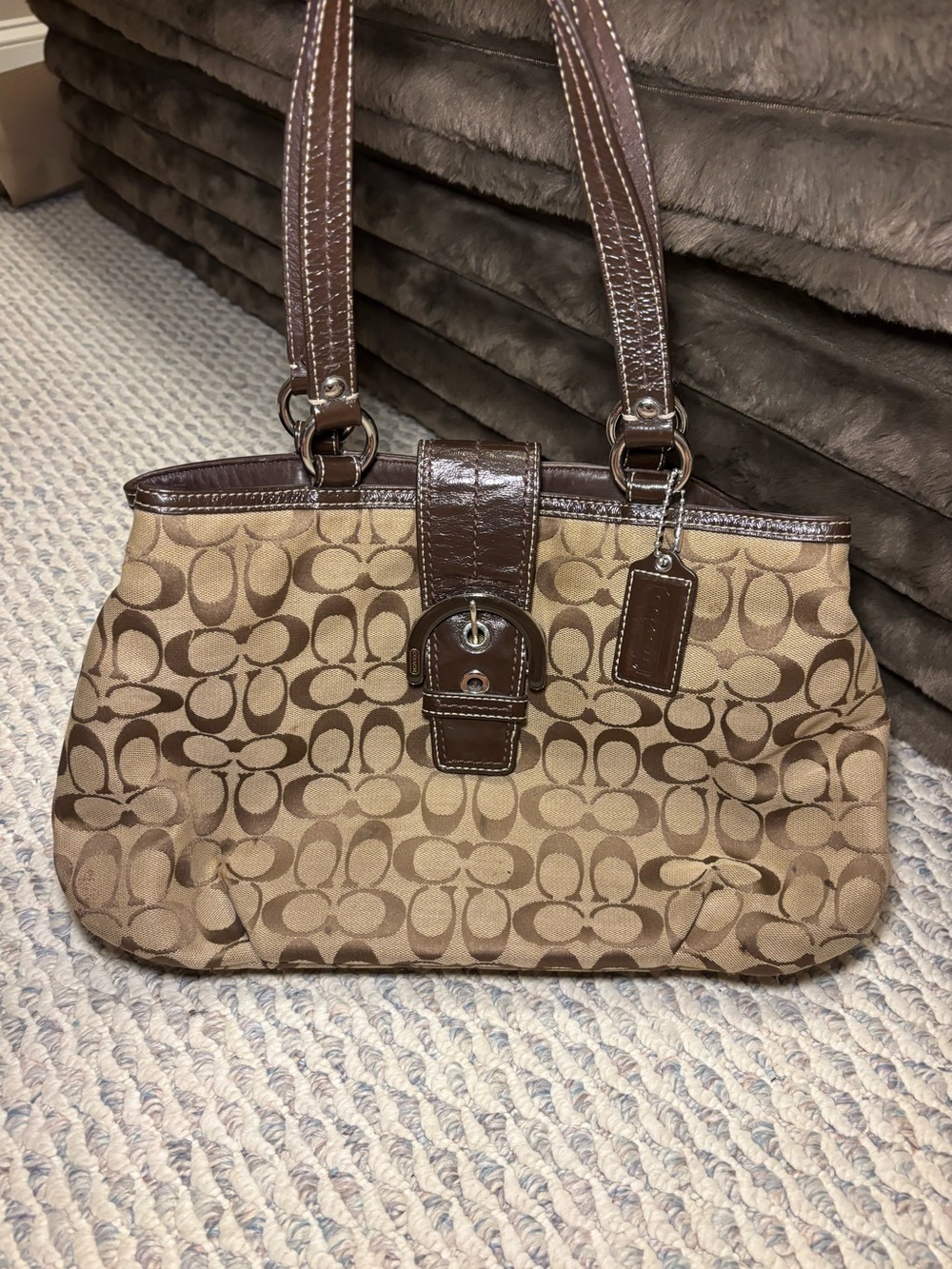 Coach Brown Soho Signature Canvas Tote with Dark Brown Leather Trim